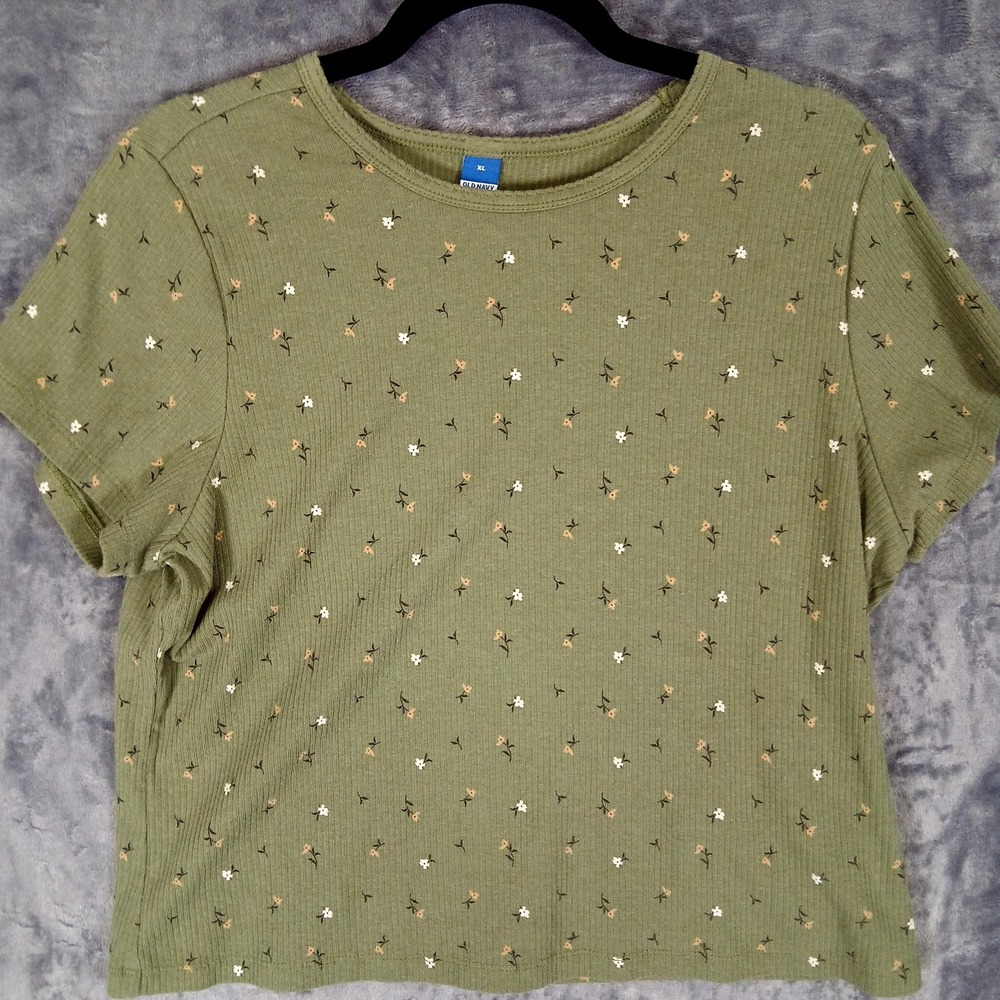 Old Navy‎ Shirt Womens XL Green Floral Ribbed Knit Short Sleeve Casual Top Boxy